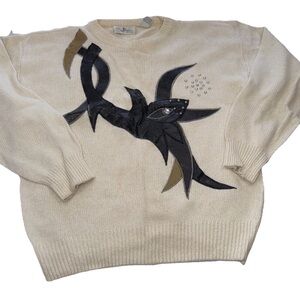 Vintage White ANGORA Silk Ramie Sweater Black Abstract Art Silver Gems Women Lg